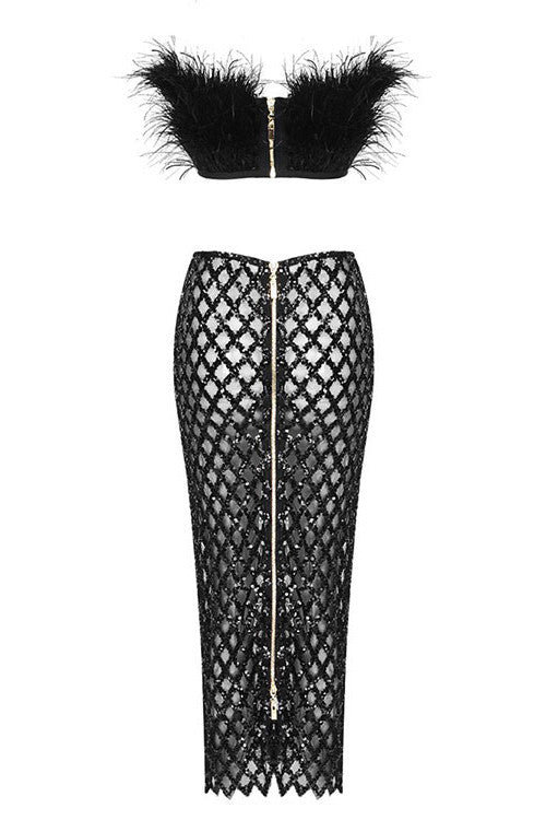 Feather Strapless Midi Two Piece Dress Black