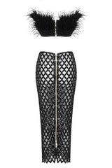 Feather Strapless Midi Two Piece Dress Black