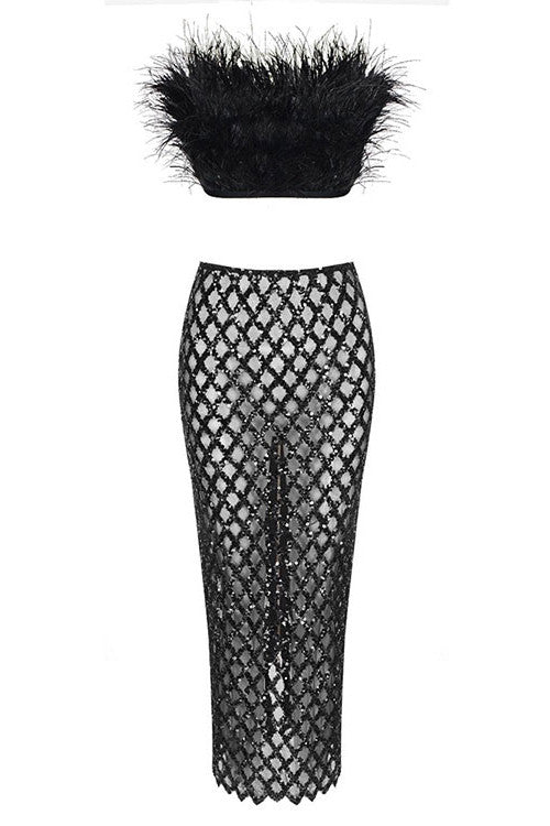 Feather Strapless Midi Two Piece Dress Black