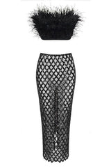 Feather Strapless Midi Two Piece Dress Black