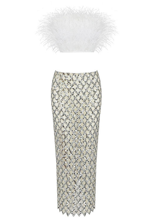 Feather Strapless Midi Two Piece Dress White