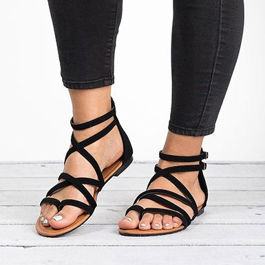 Flat Sandals Narrow Crisscrossed Straps Rounded Toes