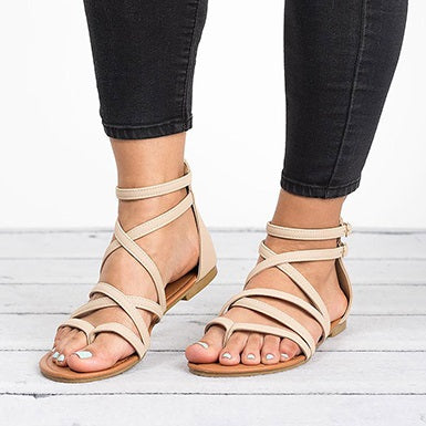 Flat Sandals Narrow Crisscrossed Straps Rounded Toes