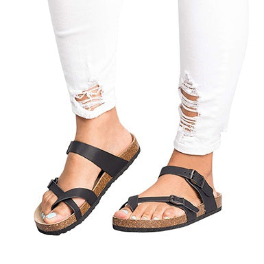 Tri-Strap Flat Sandals with Side Buckle