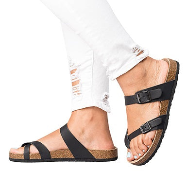 Tri-Strap Flat Sandals with Side Buckle