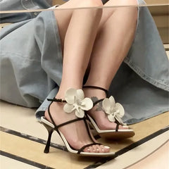 Floral Designer Open Toe Stilettos PU Leather Slip On Party High Heels