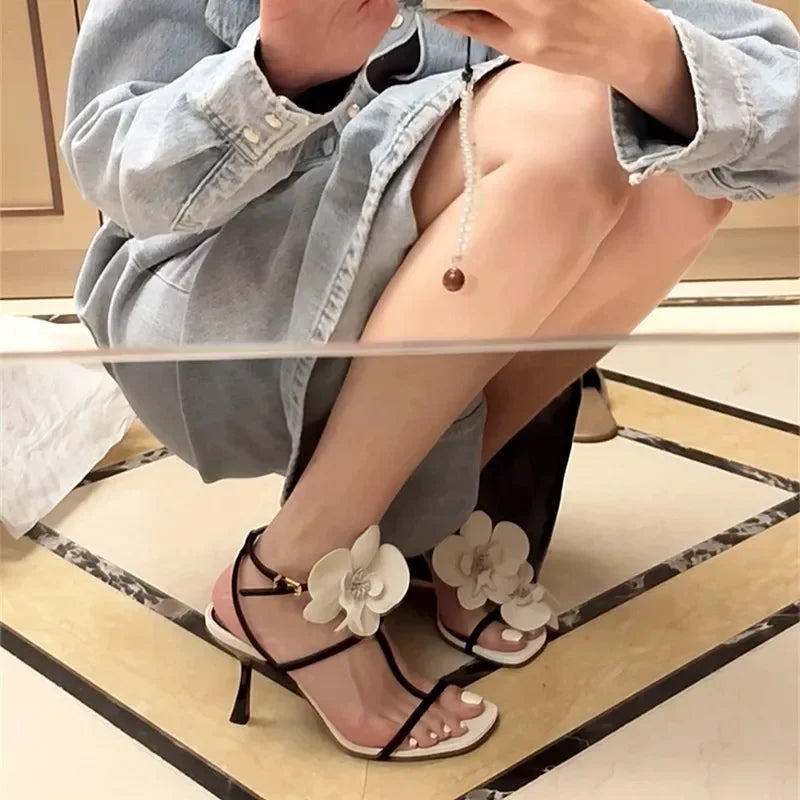 Floral Designer Open Toe Stilettos PU Leather Slip On Party High Heels