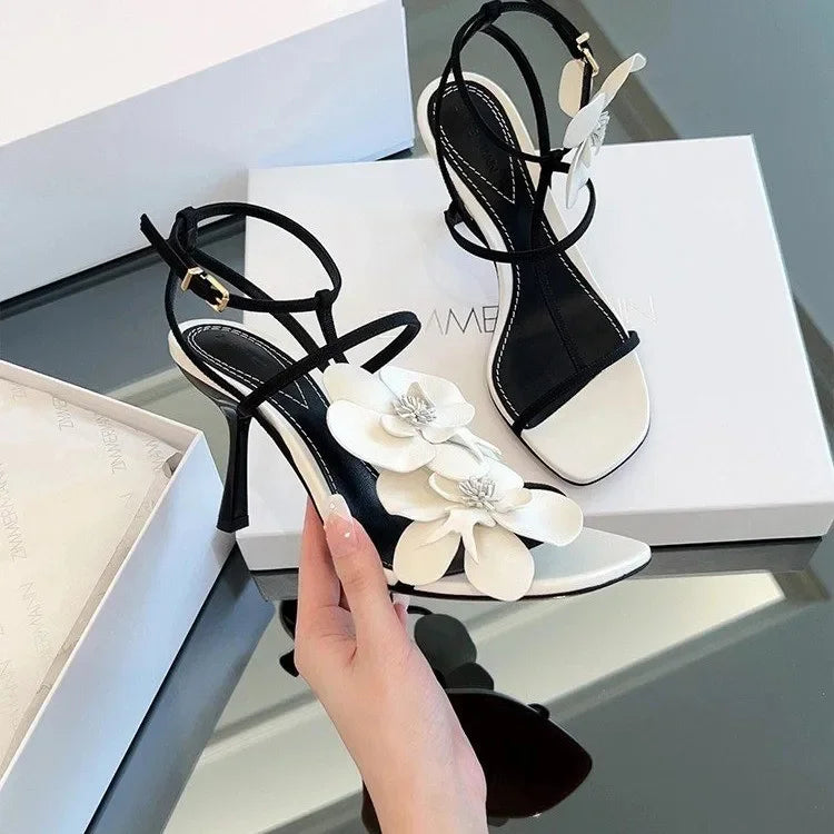 Floral Designer Open Toe Stilettos PU Leather Slip On Party High Heels