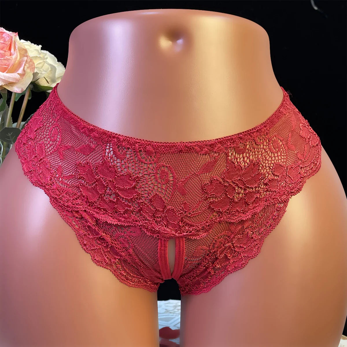 Floral Lace Mesh Panties - and Seductive Underwear with Hollow Out Open Crotch Thongs