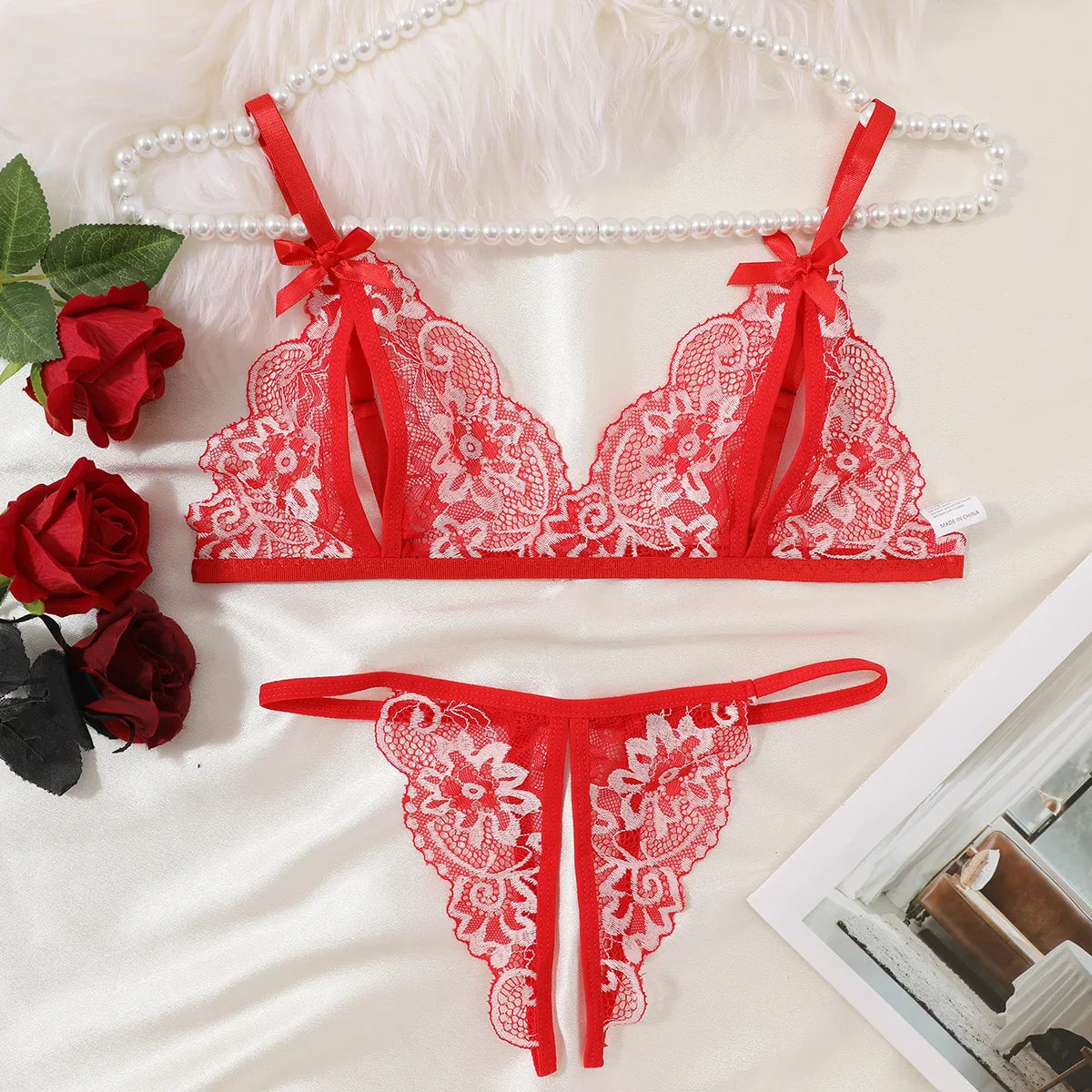 Floral Lace Lingerie Bow Open Split Cup Intimates Bra And Thongs Sets Crotchless Naughty Porn