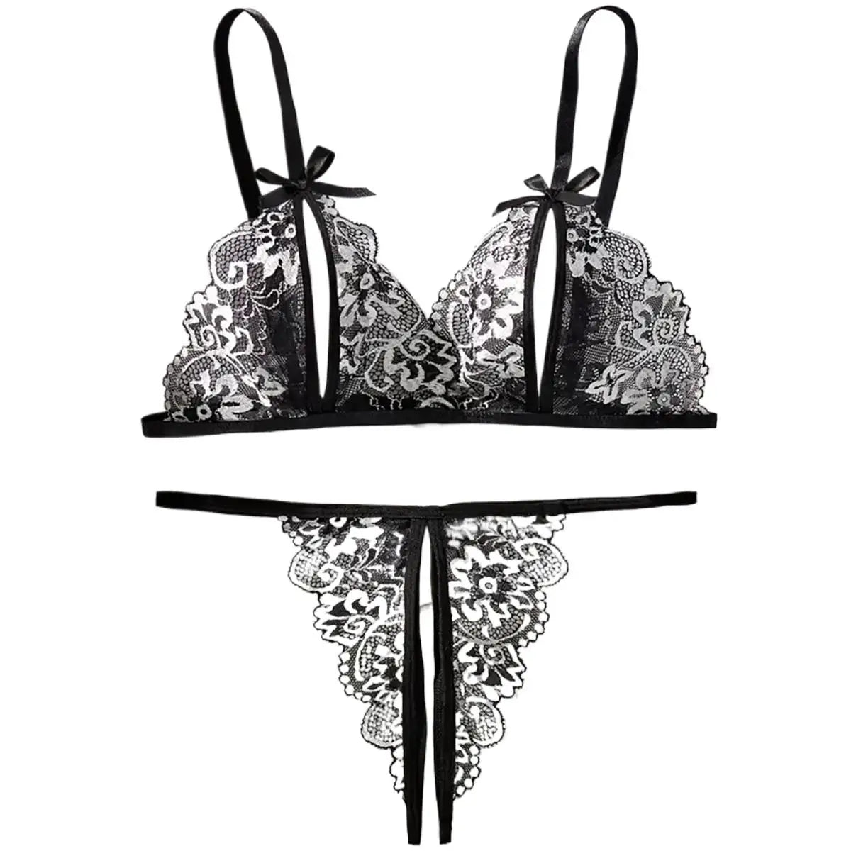 Floral Lace Lingerie Bow Open Split Cup Intimates Bra And Thongs Sets Crotchless Naughty Porn