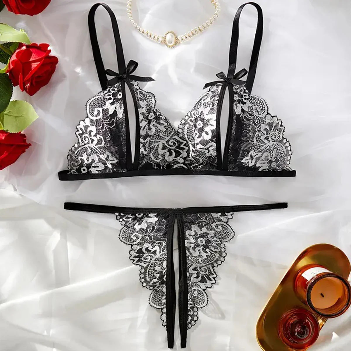 Floral Lace Lingerie Bow Open Split Cup Intimates Bra And Thongs Sets Crotchless Naughty Porn