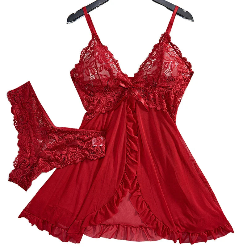 Floral Lace Split Babydoll Semi-sheer Deep V Bow Ruffle Dress And Panties Underwear Sets Erotic Lingerie Nightgown