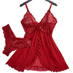 Floral Lace Split Babydoll Semi-sheer Deep V Bow Ruffle Dress And Panties Underwear Sets Erotic Lingerie Nightgown