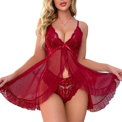 Floral Lace Split Babydoll Semi-sheer Deep V Bow Ruffle Dress And Panties Underwear Sets Erotic Lingerie Nightgown