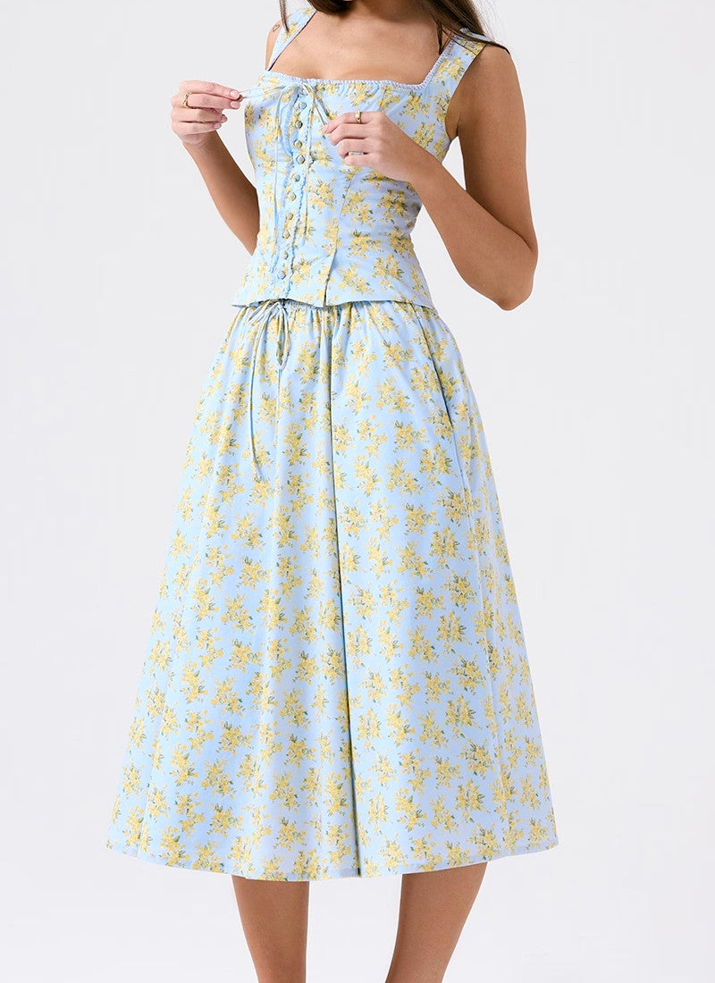 Floral A Line Midi Two Piece Dress Blue Yellow