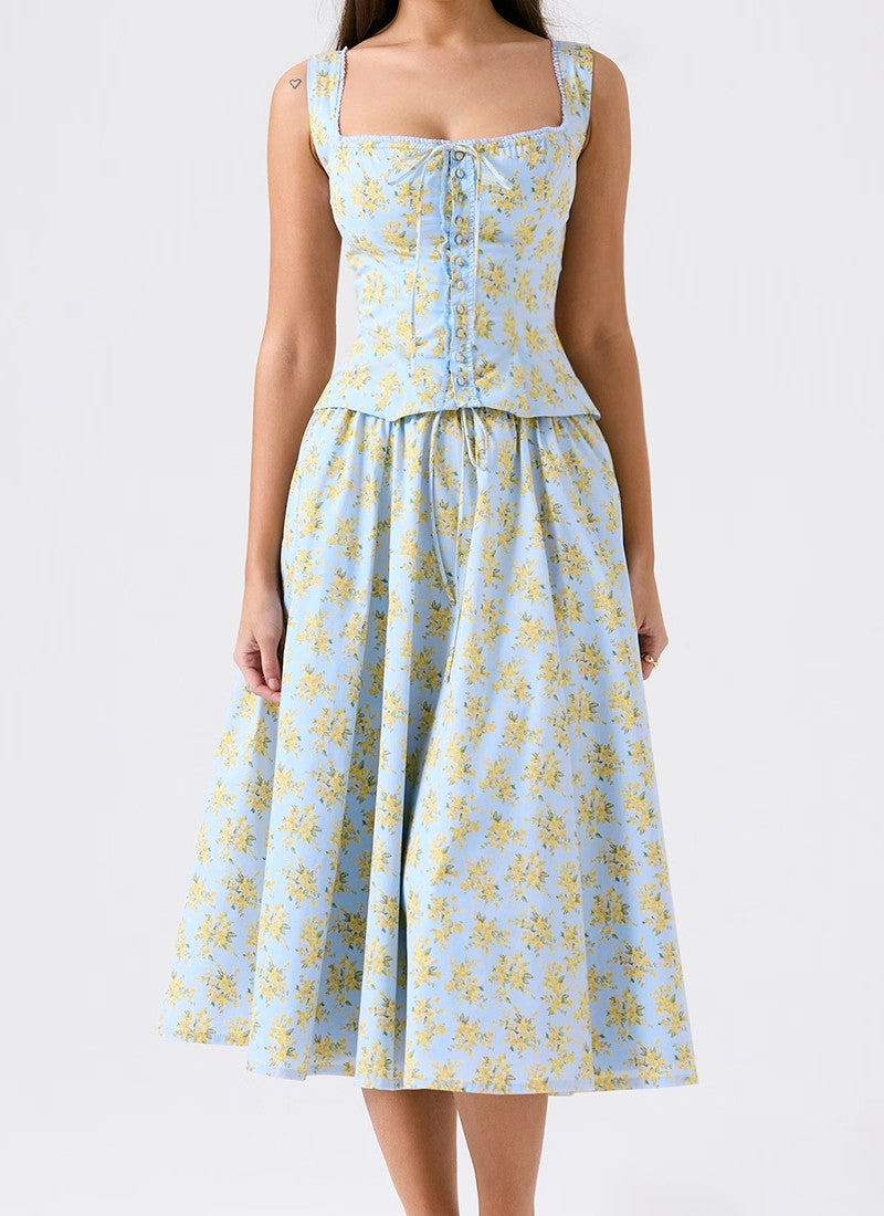 Floral A Line Midi Two Piece Dress Blue Yellow