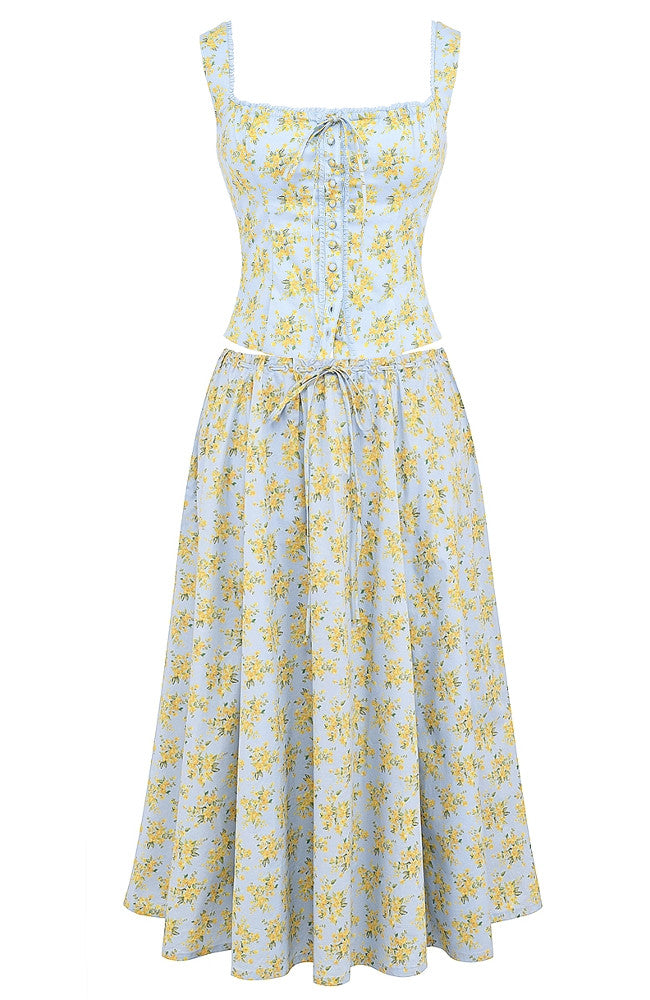 Floral A Line Midi Two Piece Dress Blue Yellow