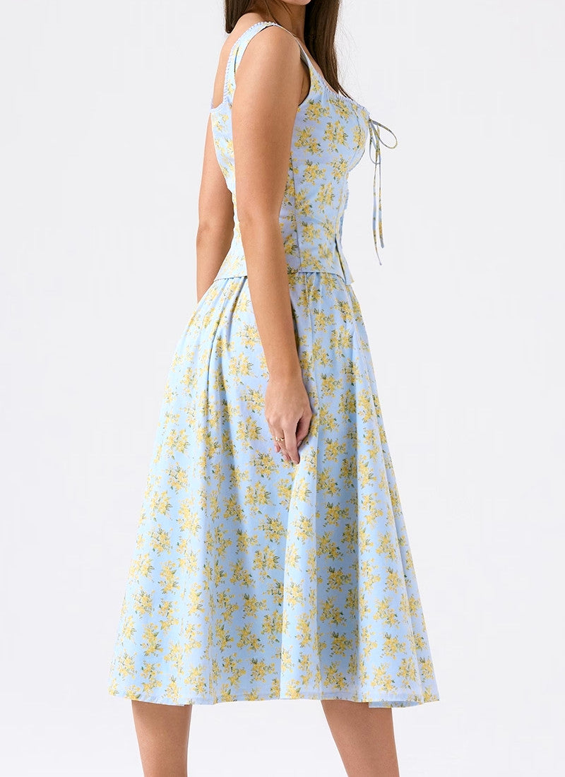 Floral A Line Midi Two Piece Dress Blue Yellow