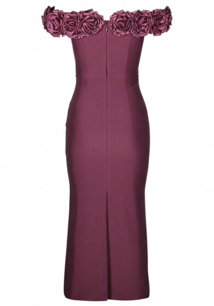 Floral Bardot Midi Dress Burgundy