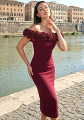 Floral Bardot Midi Dress Burgundy