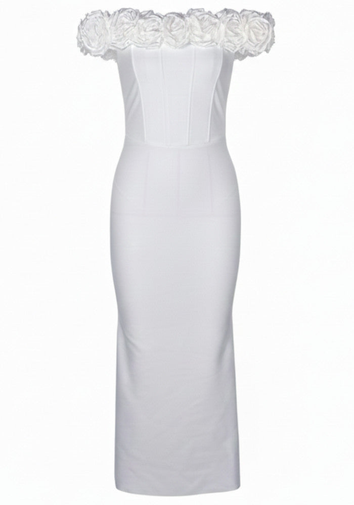 Floral Bardot Midi Dress White