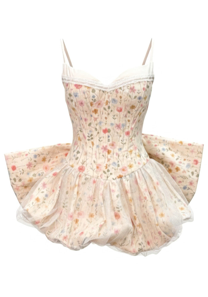 Floral Bow Detail Corset Bubble Dress Light Peach