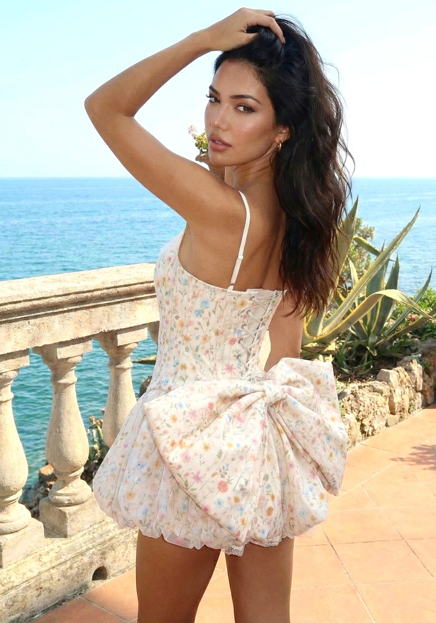 Floral Bow Detail Corset Bubble Dress Light Peach