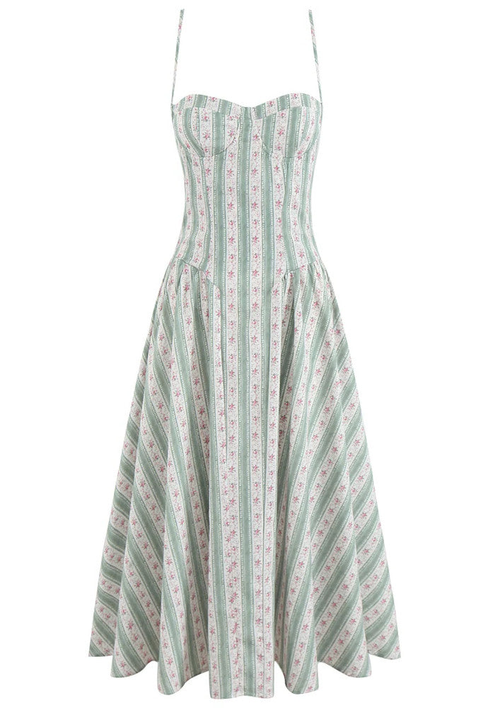 Floral Bustier Detail A Line Midi Dress Green