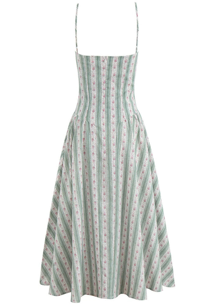 Floral Bustier Detail A Line Midi Dress Green