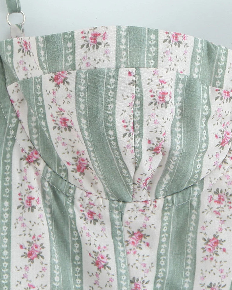 Floral Bustier Detail A Line Midi Dress Green