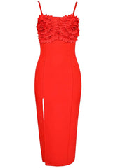 Floral Detail Bustier Midi Dress Red
