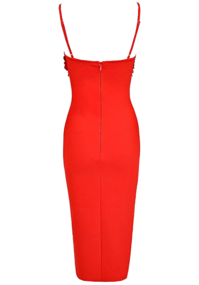 Floral Detail Bustier Midi Dress Red