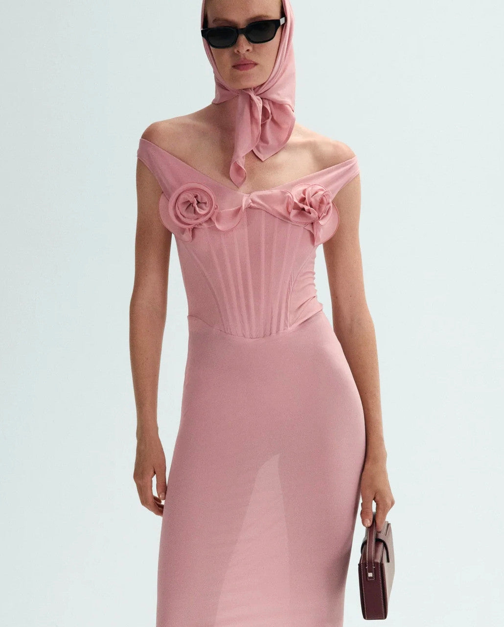 Floral Bustier Structured Midi Dress Pink