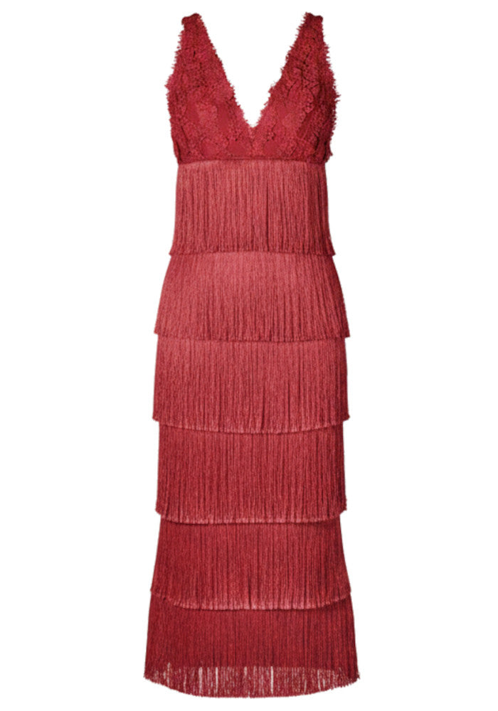 Lace Bustier Tassel Midi Dress Red