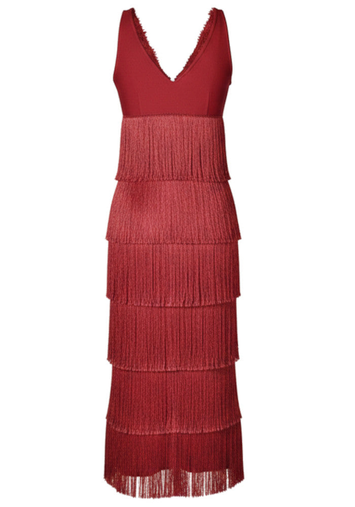 Lace Bustier Tassel Midi Dress Red
