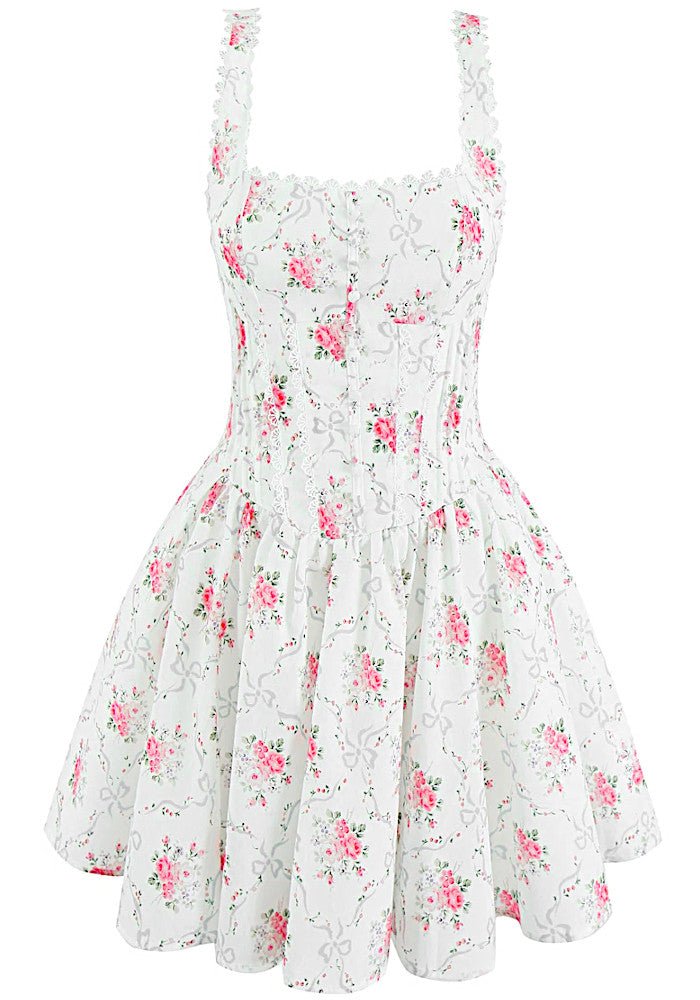 Floral Crochet Trim Button Skater Dress White