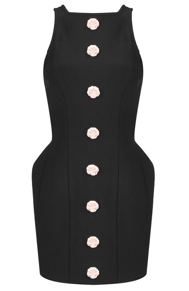 Floral Button Structured Dress Black