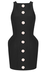 Floral Button Structured Dress Black