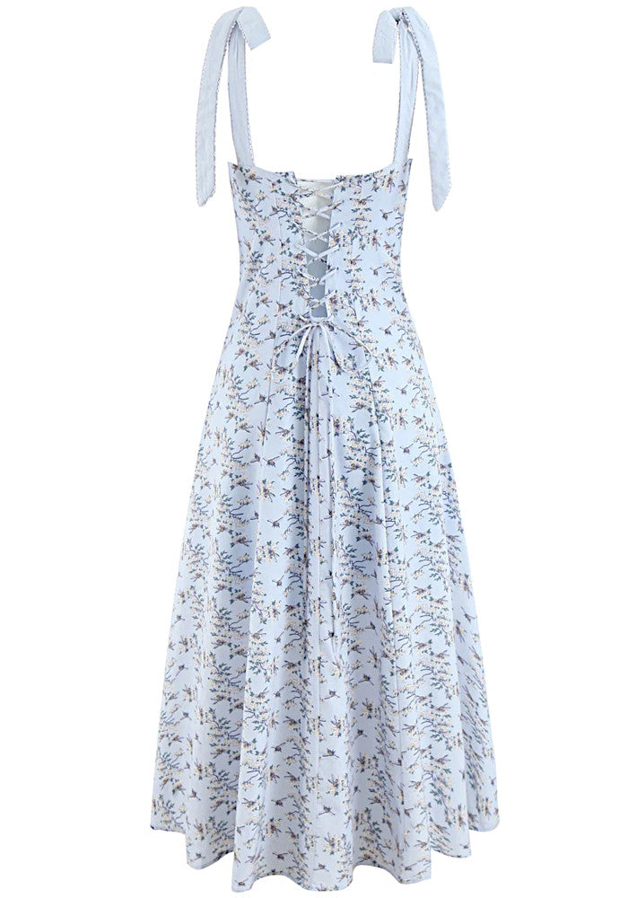 Floral Skater Corset Midi Dress Blue