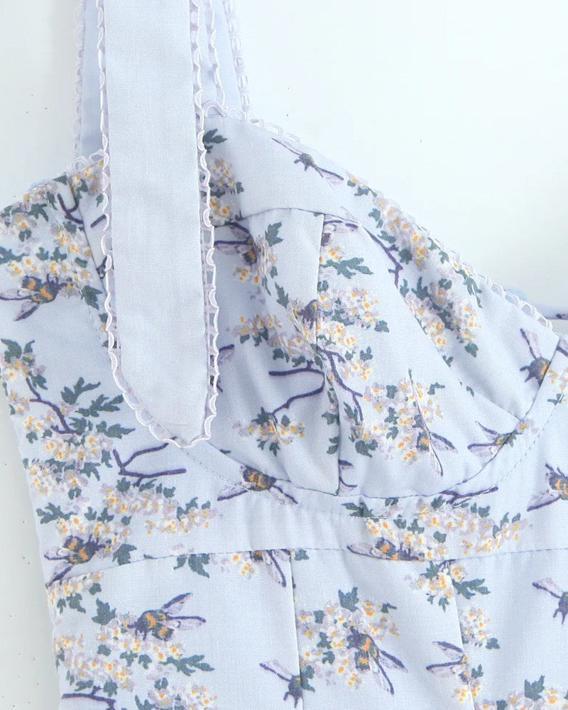 Floral Skater Corset Midi Dress Blue