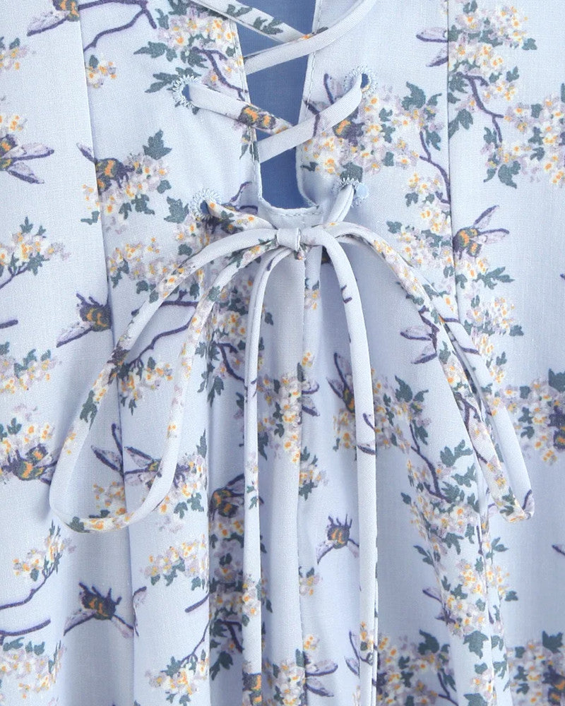 Floral Skater Corset Midi Dress Blue