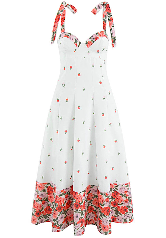 Floral Bustier Corset Skater Midi Dress White