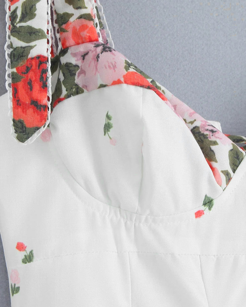 Floral Bustier Corset Skater Midi Dress White