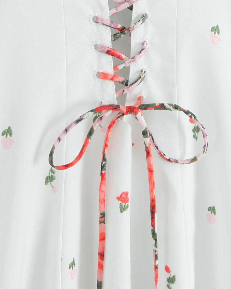 Floral Bustier Corset Skater Midi Dress White
