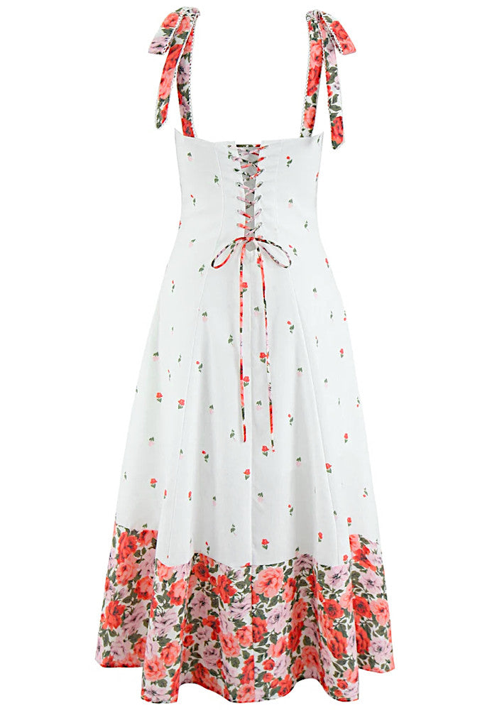 Floral Bustier Corset Skater Midi Dress White