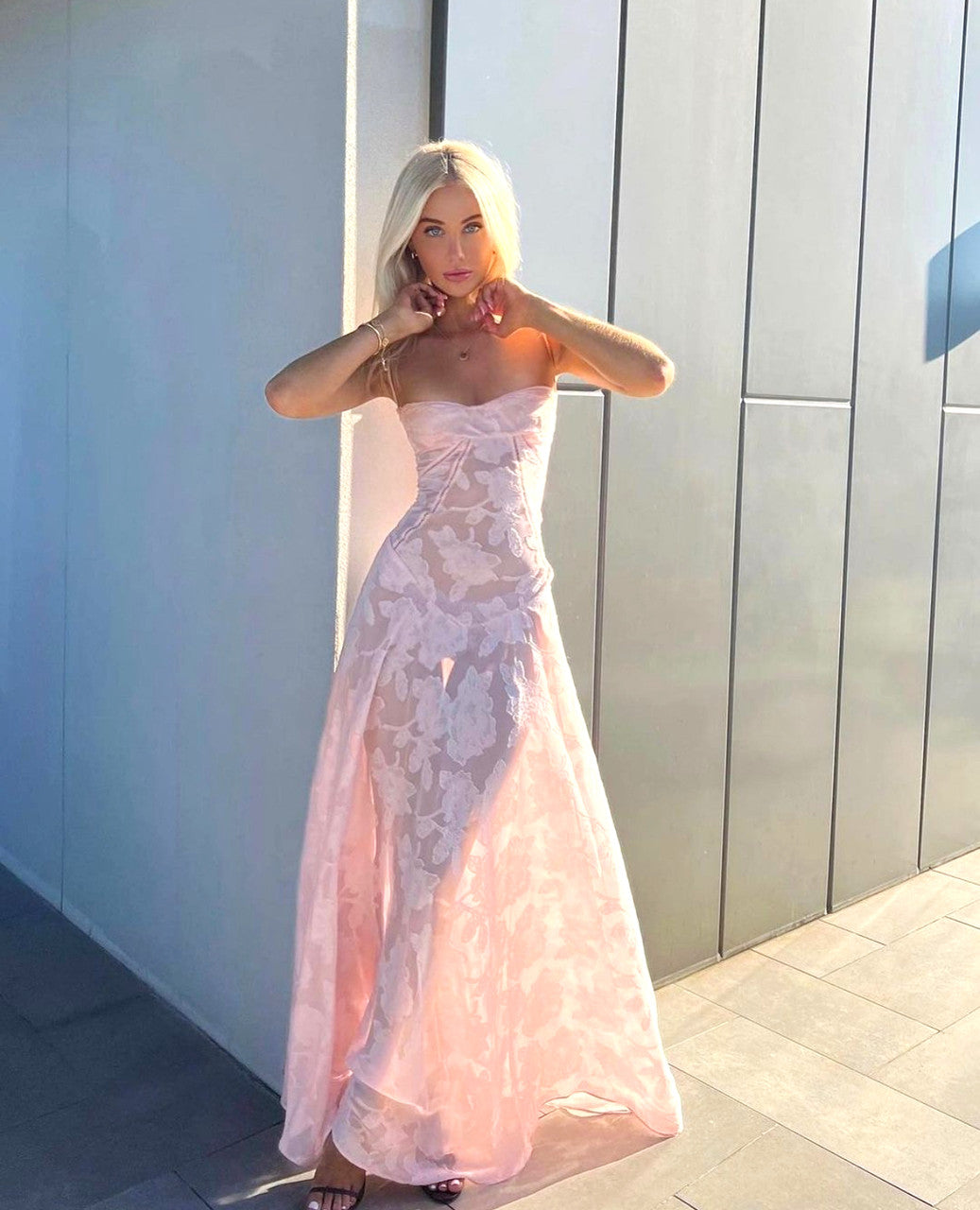 pink floral corset dress Strapless Floral Corset Maxi Dress Pink Green