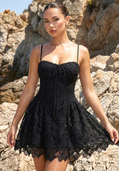 Floral Crochet Skater Dress Black