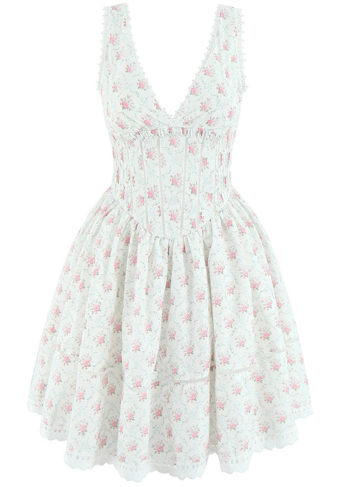 Floral Crochet Trim Skater Dress White