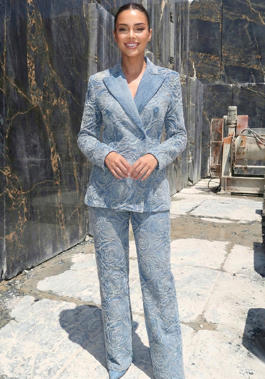 Floral Denim Suit Blue